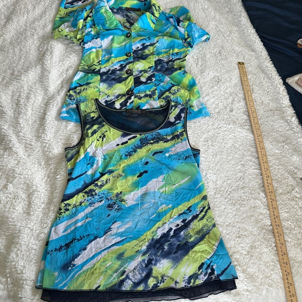 Picadilly Fashions 2-Pc Set Top & Mesh Tank Abstract Multi-Color Blue Green Sz M - Picture 9 of 11